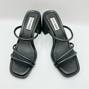 Steve Madden Gemeni Black Sandal Womens 7.5M Strappy Heel Slip On Cushion